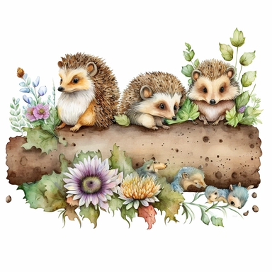 cute watercolor highly detailed floral baby hedgehogs sitting together on a long log with baby deer behind them clipart, white background, no watermark