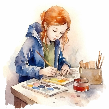 watercolour clipart of a girl , she is the catalyst for her group shared common dreams, binding the girls together. She is direct, occasionally sharp-tongued, and highly empathetic. With a heart full of compassion, she never hesitates to lend a helping hand to anyone in need. She`s dedication to their craft is unparalleled, make her , exalted mood, white background, 8k, f1