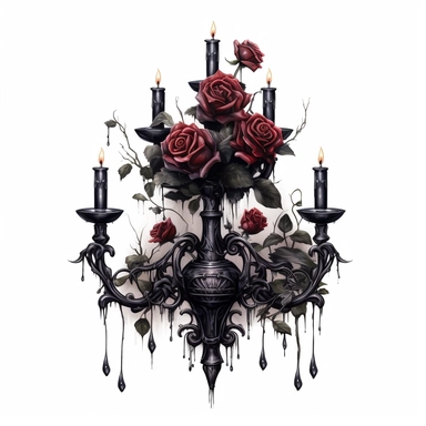 gothic watercolor clipart, candelabra, dark roses, vines, dark academia aesthetic, dark aesthetic, detailed, UHD, 8K, 3D, solid white background