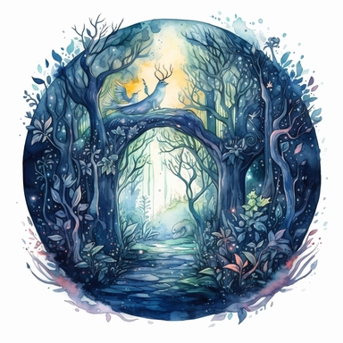 watercolor, hyper realistic, white background, white margins, 16k, ultra detailed clipart, cut out image, hand-drawn, whimsical a magical portal hidden deep in the heart of a dark forest with swirling colors and glowing runes. The color scheme should be a blend of deep blues, purples, and greens with hints of silver and gold.
