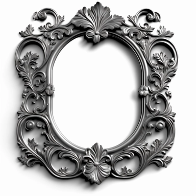A single vintage silver frame clipart with a glossy, reflective finish and a rounded rectangular shape. The intricate details of the frame are highlighted by the shine of the silver, creating a modern and sleek look. The background is a soft gray with a subtle texture, adding depth and dimension to the design. [1], [2], [3], [4], photography, Close-up macro photography with a wide-angle lens, creating a shallow depth of field and emphasizing the intricate details of the frame. Shot on a Canon EO