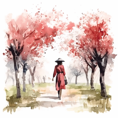 a watercolor woman walking in a cherry orchard, cherry academy style, cherry red nuances, vector free clipart illustration, in the style of unreal engine 5, 32k uhd, detailed features, white background
