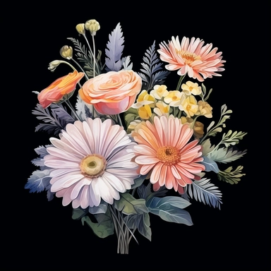 realistic watercolor arrangement of roses, daisies and gerberas, black background, soft lighting, clear outlines, clipart