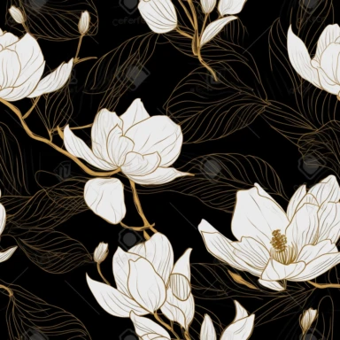 magnolias, Botanical line art sketch, clipart, fine line art, abstract illustration, minimal, elegant, black background, golden lines, luxury, expensive, high quality, hd
