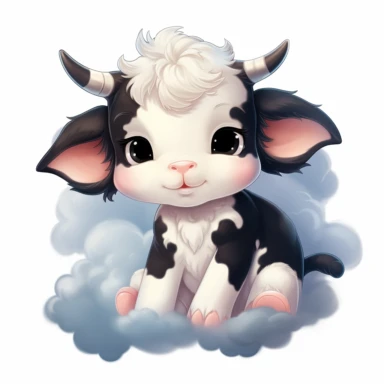 realistic looking cute sleeping baby cow, lying down on a fluffy cloud with a moon in the background, cartoon style clipart on white background