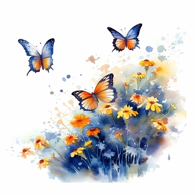 watercolor style butterflies flying among delicate wildflowers isolated on white background clipart