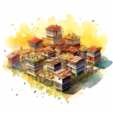 watercolor, An aerial view of a beekeeping farm with rows of modern beehives neatly arranged, depicting bees entering and exiting the hives, forming intricate patterns in the sky. (Digital drawing clipart, image black border color, full body, flat texture, transparent background)