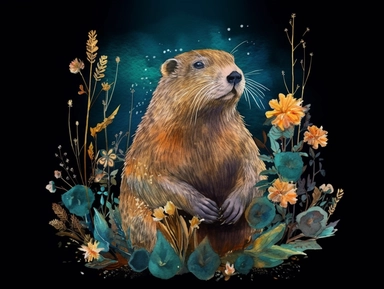 deep emerald gold watercolor Groundhog with flowers plants clipart, golden metallic lines and some glitter, shining colors, dark background, 8k, high resolution