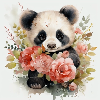 watercolor clipart, image of a happy looking laughing baby panda, holding red roses, white background, no shading, detailed, megapixel, super resolution, no mockup