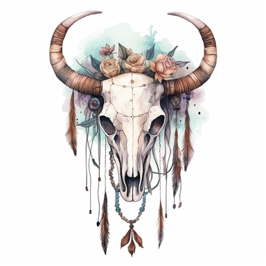 a clipart image of a boho bull skull with feathers hanging from it by strings in the style of watercolor and ink, pastel colours