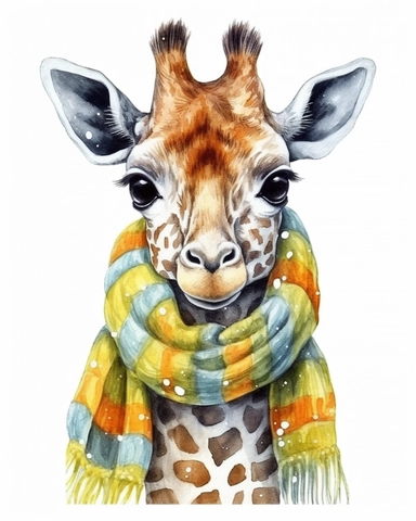 detailed watercolor Baby Giraffe with scarf , hyper realistic, isolated on a white background, clipart