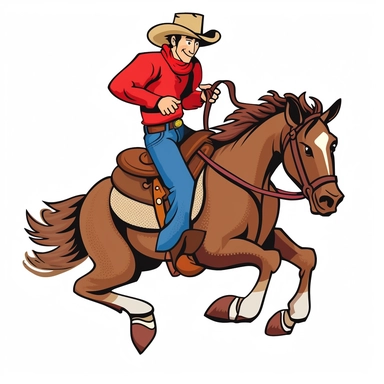 a cowboy wearing a red shirt blue jeans and tan cowboy hat, riding a bucking bronco, clipart,