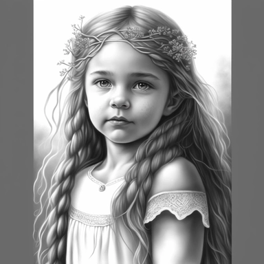 boho little girl, princess aurora, portrait, pose, very detailed and realistic, centered, greyscale, clear image, withe background, clipart style