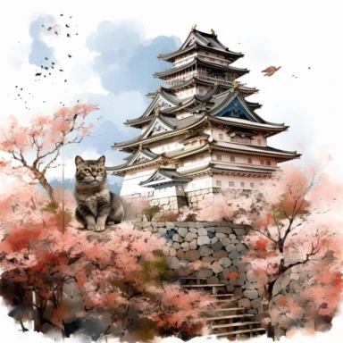 cherry blossoms laden on Osaka Castle Bottom, Siamese Cat wearing a Japanese kimono, sunset. Clipart Watercolor