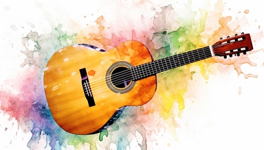 ultra sharp clip art illustration of an classic guitar, extreme macro closeup, zoomed in, low angle, rainy waters, black scaled with watercolor pencil, realistic drawing ink, pale rainbow colors, HD, UHD resolution, 8k