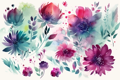 watercolor image of flowers | royalty free flowers stock, watercolor background, flower clipart, cliparts, flowers, watercolor flower, flowers, in the style of light emerald and magenta, whimsical folk-inspired, feminine sticker art, dark magenta and light crimson, symmetrical arrangement, minimalist brush work, meticulous design