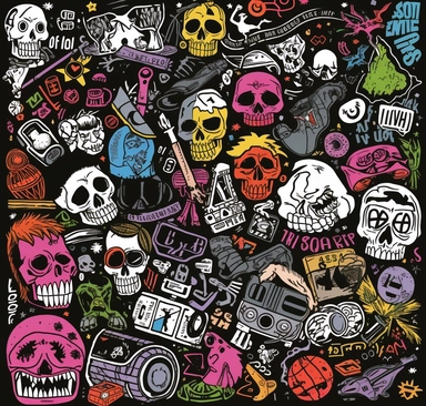 a hand drawn collection of clip art punk rock explosions, in the style of y2k aesthetic, indian pop culture, #screenshotsaturday, album covers, frank auerbach, hand-coloring, piratepunk