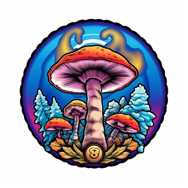graphic bold, magic mushroom round logo, clipart, Colorado state flag colors