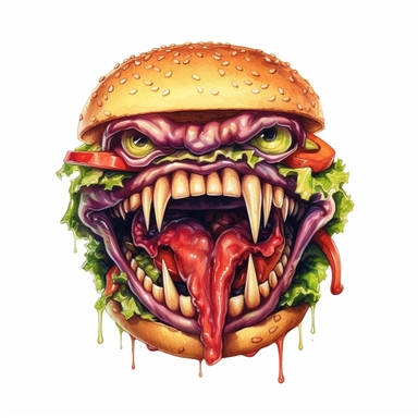 An intricate watercolor of the face of a hamburger demon. watercolor, white background, clipart, ultra high detail, ultrarealistic