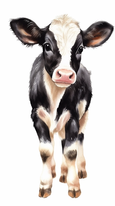 cute baby dairy cow, black and white, full body, clipart style watercolour fill, white background, realistic illustration