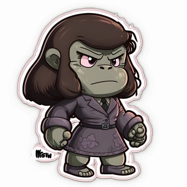 small cute anthropomorphic Chibi gorilla animal, dressed like a woman, wearing a dress, clipart, in sticker style, in comics style, cell shading