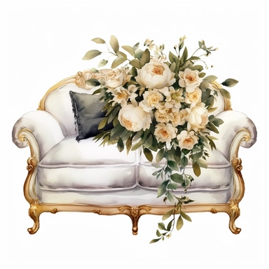 watercolor, white background, clipart, watercolor, white background, ultra-realistic and hyper-detailed clipart beautiful cozy sofa surrounded by white roses, white and rich gold hues