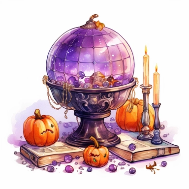 hand drawn glowing crystal ball sitting on a table with crystals, tarot cards, a wand, candles and a pumpkin, Halloween, purple and orange shades,fantasy, glamorous, , clipart style, detailed and realistic, watercolor, white background with margins