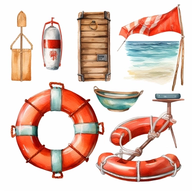 Watercolor beach lifesaver and lifeguard, illustrations clipart set, simple, , cartoon elements ,different variants , separate elements with a margin, wooden and plastic elements elemets, helicopter, lifesaver boat, jetski ,4k, high resolution