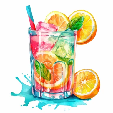 clipart watercolor pastel neon colors - summer cool drink with ice cubes in it and cutted citrus fruits on top - hard contrast - high details - enough space between each item