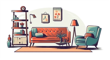 vintage clip art of a living room. In this living roon is an armchair, a telephone, a coffee table with an aquarium on top, a shelf and a painting on the wall. Vintage drawing. White background. Few simple lines. Retro vector
