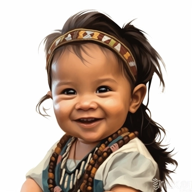 Adorable, cute, native american, baby girl, happy, smiling, wearing a satin ribbon in her hair, extreme focus, professional artists rendition, no text, no logo, no name, no letters, Highly Detailed, clip art, white background, smooth edges, flawless Facia