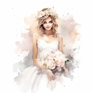 beautiful watercolor fun, happy and cute photorealistic stylish, smiling bride in white wedding dress and tiara beautiful, whole body, decorated in big pastel and light colors flowers in the style of aquarelist, wedding illustrations award winner, wedding clipart, 8k, white background, intricate details illustrations very detailed, uhd exquisite clothing detail, rimel neffati