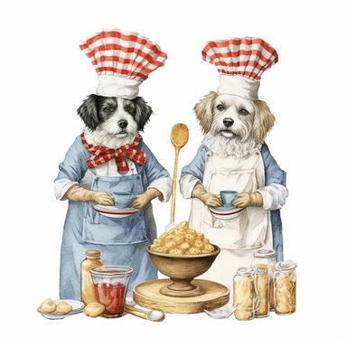 vintage cute dogs baking, wearing clothes, in the style of edward gorey, clipart, white background