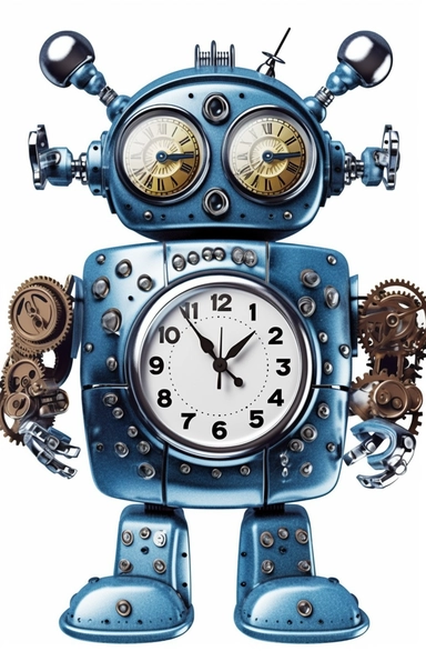 clipart illustration of a toy robot that has buttons and a clock on it, in the style of dark sky-blue and silver, pop art consumer culture, made of all of the above, flickr, metalworking mastery, strong facial expression, cardboard