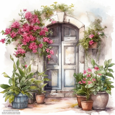 Create a beautiful watercolor clipart vignette of a rustic Mediterannean courtyard with a collection of white flowering potted plants, flowering hanging baskets and hot pink trailing bougainvillaea against a painted white rustic cottage door. The composition should be set against an isolated white background, with a bright and airy feel. Focus on capturing intricate details such as the delicate petals of the roses. Use a loose and fluid watercolor technique to create a sense of movement and ligh
