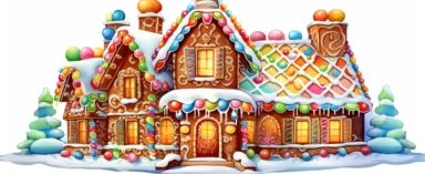 Realistic colorful gingerbread house, realistic, colorful, beautiful, vivid color, christmas, snow soil, hyperrealistic, white background, style by Lucy Fleming, watercolor, smooth gradients, black contour outline, ultra detailed, clipart elements, delicate pastel colors, solid white background, super clear, high quality