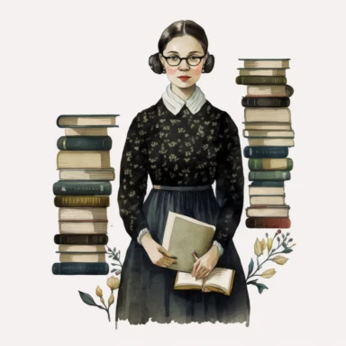 dark academia librarian girl, folk art, sweden, watercolor, clipart elements, white background
