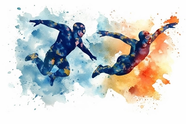 Watercolor, Craft a picture of a synchronized diving pair executing a perfect dive clipart, hd, on a white background, spaced out