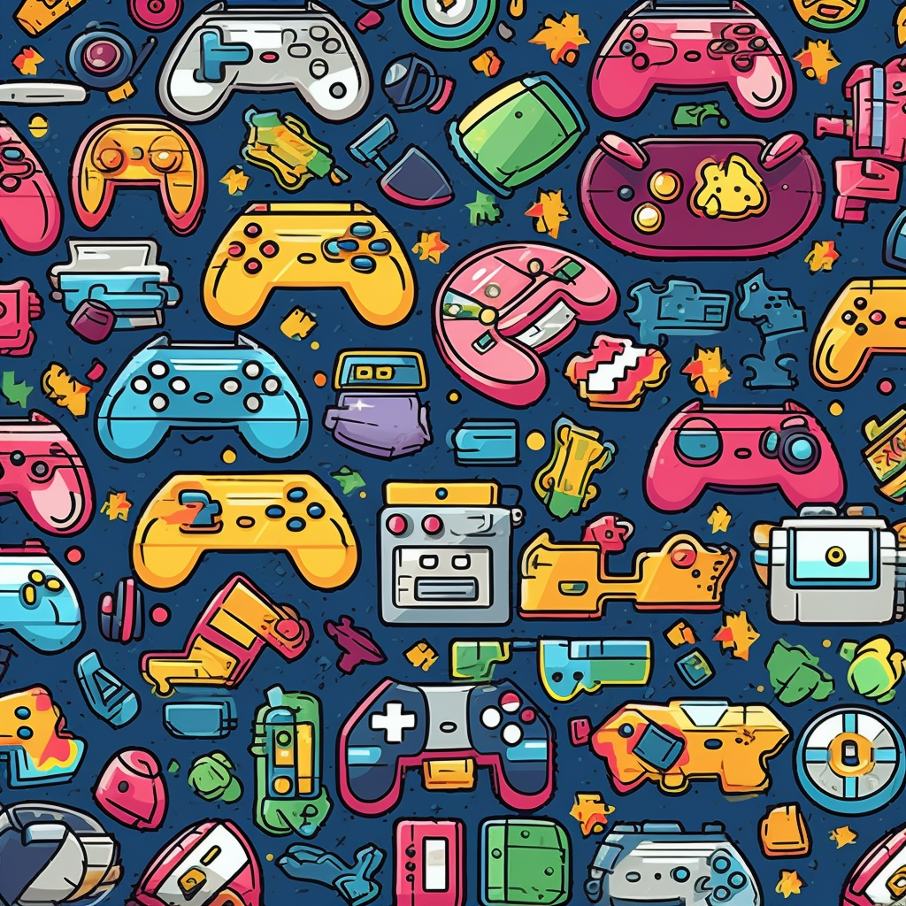 A clip art pattern featuring retro arcade game elements, such as ...