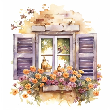 A quaint window of a country cottage, with blooming flowers and buzzing bees outside clipart, white background, watercolor drawing