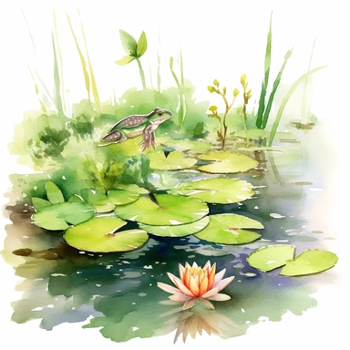 Watercolor Lily Pond Clipart, lily pad and frog pond, CLIPART, fish and birds