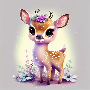 happy baby deer colorful with a big head, big sparkling eyes, flowers on the horns and shirt on the back, watercolor Illustration clipart, 4K, extremely detailed