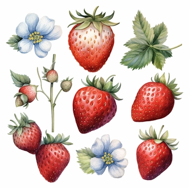 Strawberries watercolor clipart, white background, neutral muted colors, high quality, hyperrealistic, detailed, red, blue, white, picnic
