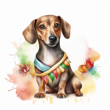 whimsical cute [Cinco de mayo, dachshund] , hyper-realistic watercolor illustration, 3d, 8k high definition, highly detailed, masterpiece, clip art, white background