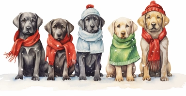 Adorable labrador puppies in a line, dressed in cute christmas outfits, playful, vivid colors, white background, ornamental watercolor clipart, I can't believe how beautiful this is