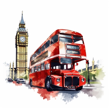 A clipart of a classic London double-decker bus driving past Big Ben, crafted in watercolor style, all on a white background.