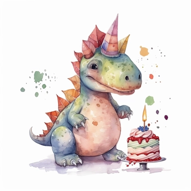 High resolution, cute dinosaur holding birthday cake, watercolor clipart, completely white background