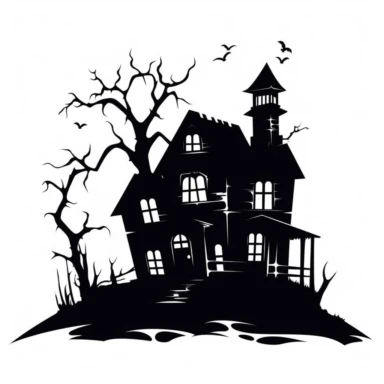 Black and white silhouette of a haunted house, clipart style, white background, thick lines, vector, simple design, flat colour, solid colour, halloweencore