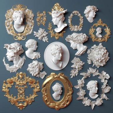 collection of isolated blank cameo broach frame , clipart for digital collage , clipart, clear-cut, Create a baroque, baroque-style . james jean, by rosie sunders, 3D, octane render, clean, super quality, 8k, flat background for easy cutout