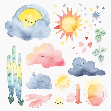 watercolor clipart graphics, weather theme, clouds, sun, rain, moon, wind, snow, lightning, sun, rainbow isolated elements
